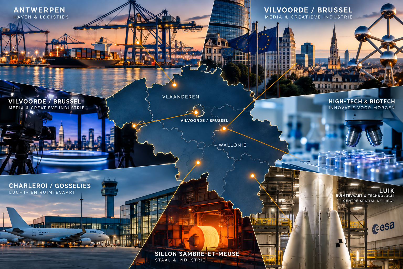 Kaart van België met de commerciële regio's Vlaanderen, Wallonië, Brussel en de Duitstalige Gemeenschap