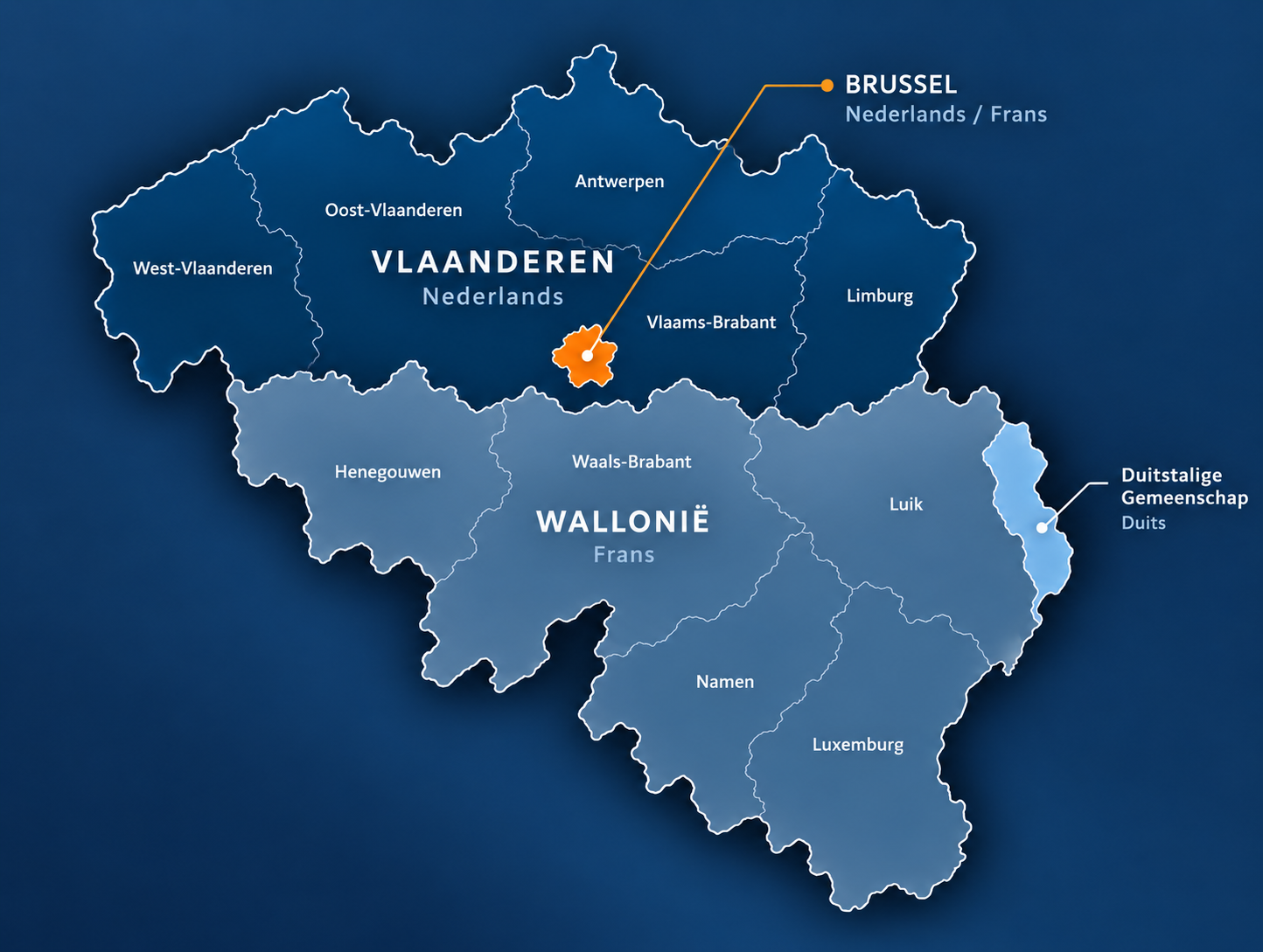 Kaart van België met Vlaanderen, Wallonië, Brussel en de Duitstalige Gemeenschap
